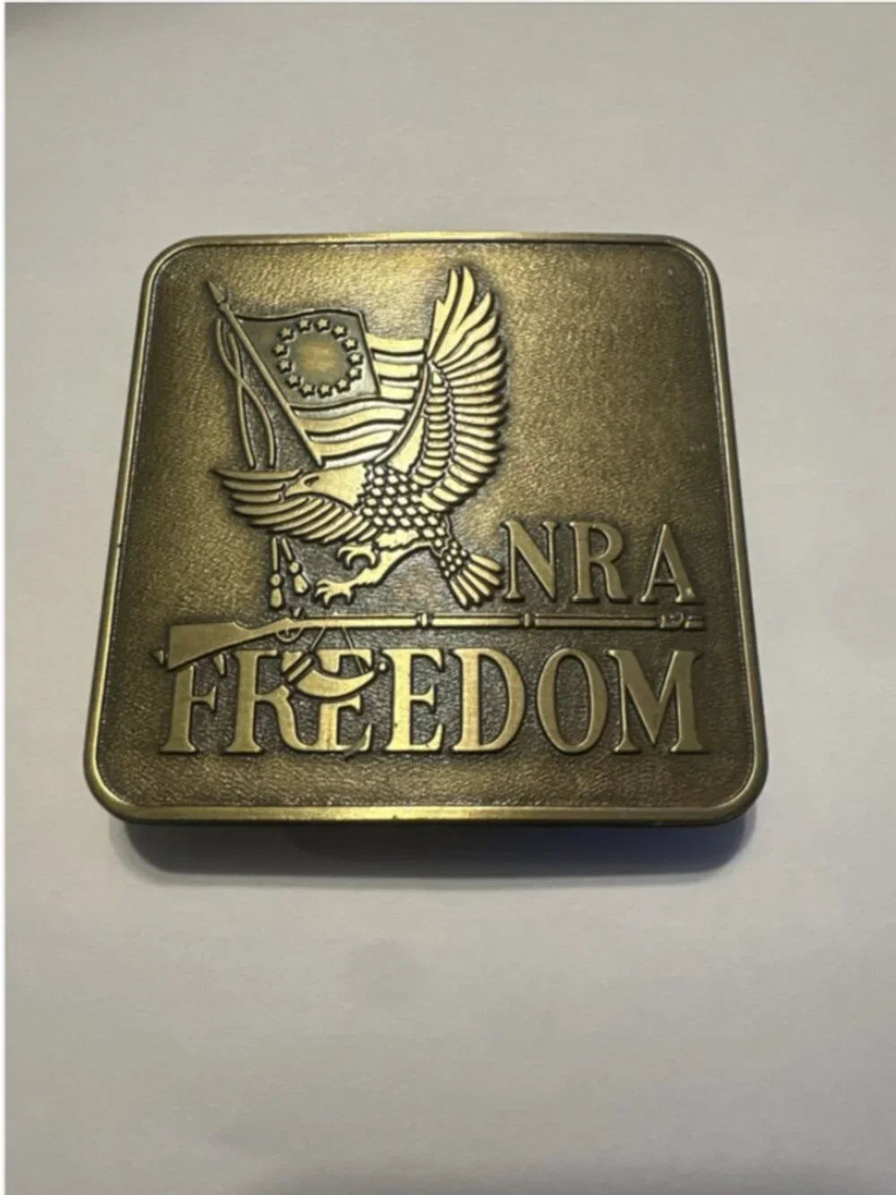 NRA FREEDOM Vintage 1970s Brass Bicentennial Belt Buckle 3 Inch Square